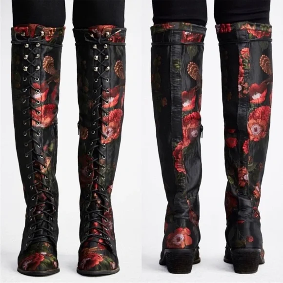 Jeffrey Campbell X Free People Floral Fabric Joe Boots Lace Up Knee High - Picture 2 of 5